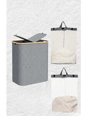 Elista Bambu Çerçeveli 150 Litre Kapaklı Katlanabilir Çamaşır Sepeti, 2 Bölmeli Kirli Sepeti (70 x 57 x 37)