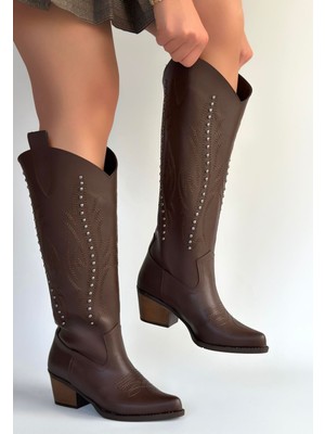 Roof Atelier Kadın Acı Kahve Western Kovboy Kısa Topuklu Çizme - Meof