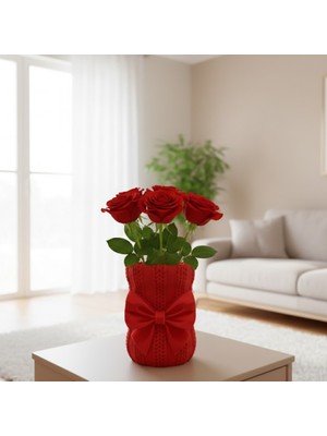 Olafigo Örgü Desenli Fiyonklu Dekoratif Vazo - Minimalist Estetik Çiçek Vazosu