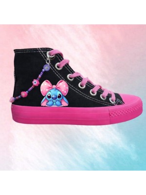 Lias Design Pembe Kurdela Mavi Laylocu Baskılı Siyah Pembe Taban Boncuk Detay Çocuk Spor Ayakkabı Sneaker