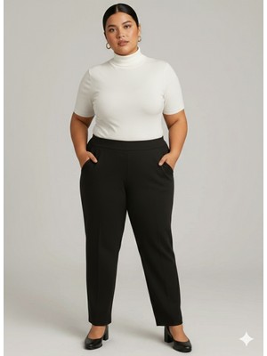 Akşen Giyim Büyük Beden Kadın Full Likralı Çelik Örme Yüksek Bel Ince Gösteren Kesim Iki Cepli Klasik Pantolon