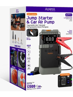 Auhma Areltar 4/1 Akü Takviye+Komprosör+Powebank+Led Fener 12.000 Mah