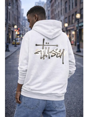 Camblys Unisex Sırt Stussy Yazı Baskılı Oversize Kapüşonlu Sweatshirt