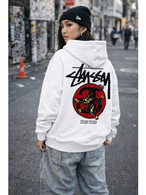 Camblys Unisex Sırt Ejderha Baskılı Oversize Kapüşonlu Sweatshirt