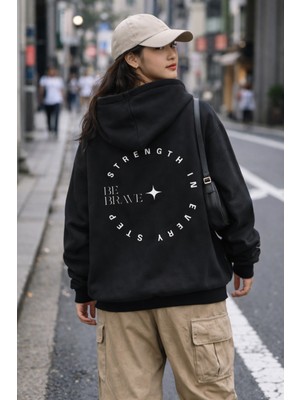 Camblys Unisex Bebrave Sırt ve Ön Baskılı Oversize Kapüşonlu Sweatshirt