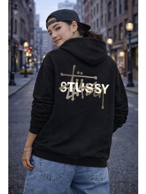 Camblys Unisex Sırt Stussy Yazı Baskılı Oversize Kapüşonlu Sweatshirt
