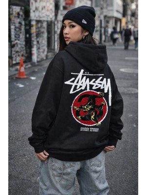 Camblys Unisex Sırt Ejderha Baskılı Oversize Kapüşonlu Sweatshirt