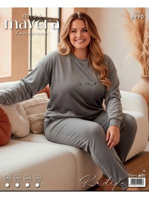 Miss Mavera Büyük Beden Kadife Baskılı Kadın Pijama Takımı