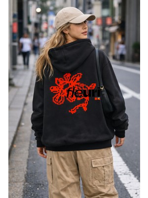 Camblys Unisex Pixel Flower Sırt Baskılı Oversize Kapüşonlu Sweatshirt