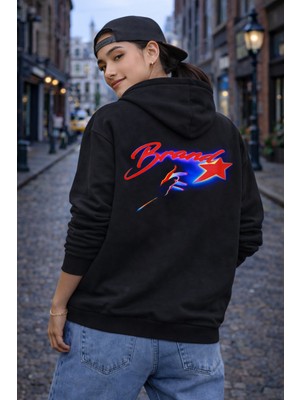 Camblys Unisex Brand Yıldız Termal Baskı Oversize Kapüşonlu Sweatshirt
