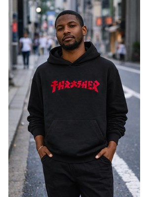 Camblys Trasher Kırmızı Yazı Ön Baskılı Oversize Kapüşonlu Sweatshirt