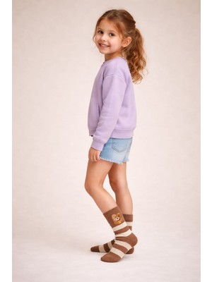 Gigi Giyim Çizgili Bear Baskılı Unisex Çocuk Kolej Çorap