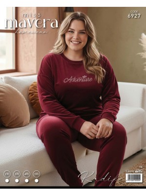 Miss Mavera Büyük Beden Kadife Baskılı Kadın Pijama Takımı