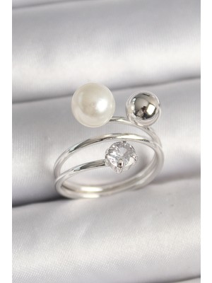 Pirinç Gümüş Renk Zirkon Taşlı Toplu Inci Model Kadın Yüzük - Lisinya