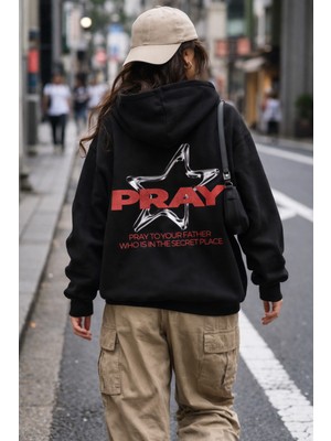 Camblys Unisex Pray Yıldız Baskılı Oversize Kapüşonlu Sweatshirt