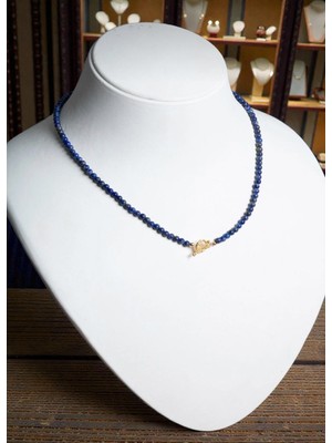 Taşmir Sertifikalı Lapis Lazuli Doğal Taş Kolye 4 mm - Pirinç Altın Kaplama T Kilit Aparat