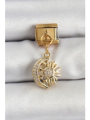 316L Çelik Sallantılı Zirkon Taşlı Ay ve Güneş Model Gold Renk Nomination Charm - Lisinya