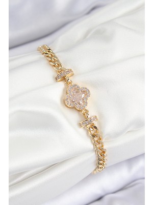 Pirinç Zirkon Taşlı Yonca Model Gold Renk Kadın Bileklik - Lisinya