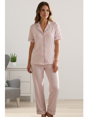 Effortt Pembe Önden Düğmeli Kısa Kol Kadın Pijama Takımı