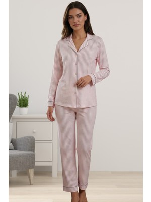 Effortt Pembe Önden Düğmeli Uzun Kol Kadın Pijama Takımı