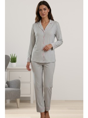 Effortt Gri Önden Düğmeli Uzun Kol Kadın Pijama Takımı