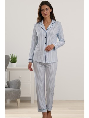 Effortt Mavi Önden Düğmeli Uzun Kol Kadın Pijama Takımı
