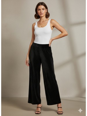 Akşen Giyim Büyük Beden Likralı Beli Lastikli Yüksek Bel Bol Paça Taşlı Kadife Pantolon