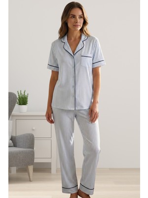 Effortt Mavi Önden Düğmeli Kısa Kol Kadın Pijama Takımı