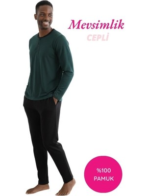 Seamlife Erkek Yeşil 3 Düğmeli %100 Pamuk Mevsimlik Uzun Kollu Cepli Pijama Takımı