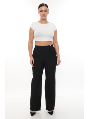 Akşen Giyim Büyük Beden Yüksek Bel Toparlayıcı Iki Beden Ince Gösteren Punto Kumaş Palazzo Paça Pantolon