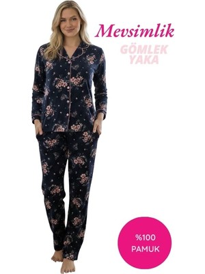 Alimer Kadın Gömlek Yaka Önden Düğmeli %100 Pamuk Lacivert Pembe Çiçekli Uzun Kollu Cepli Pijama Takımı
