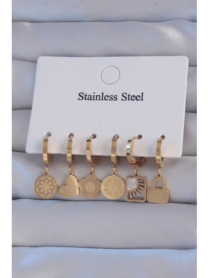 316L Çelik Gold Renk Zirkon Taşlı Çiçek Figürlü Kalp Model Halka Küpe Seti - Lisinya