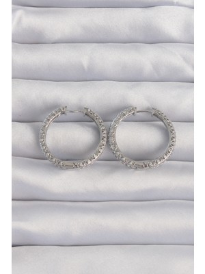 Pirinç Gümüş Renk Zirkon Taşlı Motifli Halka Küpe - Lisinya