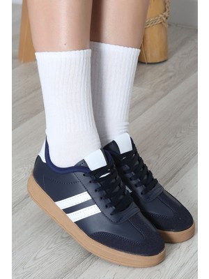 Lias Design Lacivert Çizgili Bağcıklı Spor Ayakkabı Sneaker