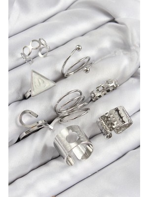 Pirinç Üçgen Model Gümüş Renk Kadın Yüzük Kombin Set - Lisinya