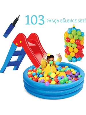 Yıldırım Oyuncak Dolu Kaydıraklı Oyun Seti Kaydırak Top Havuzu 100 Adet Renkli Top Pompa Hediyeli