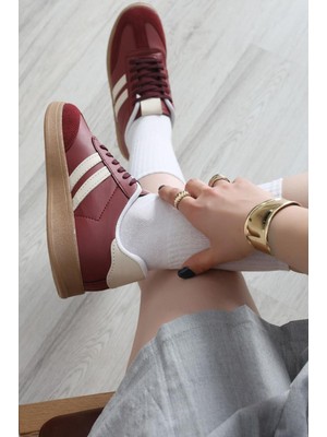 Lias Design Bordo Beyaz Çizgili Bağcıklı Spor Ayakkabı Snekaer