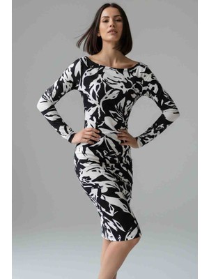 Modelist Kayık Yaka Siyah Beyaz Desenli Dız Boy Elbise