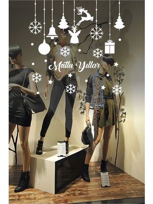 Beta Moda Hub Mutlu Yıllar Yazısı Kar Taneleri ve Kutular Balonlar Vitrin,cam Stickerları 60X70 cm