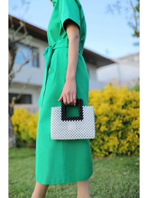 Mesga Butik Çift Renkli Inci El Yapımı Çanta Beyaz