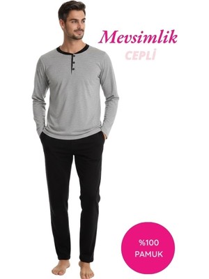 Seamlife Erkek Gri 3 Düğmeli %100 Pamuk Mevsimlik Uzun Kollu Cepli Pijama Takımı