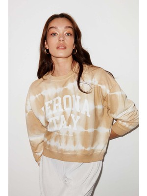 Ethiquet Kendall Kadın Içi Polarlı Önü Baskılı Regular Fit Batik Yuvarlak Yaka Kahverengi Sweatshirt