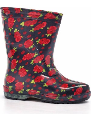 Fafatara Kırmızı Çiçek Desenli Su Geçirmez Yağmur ve Bahçe Çizmesi – Kaymaz Tabanlı PVC Bot