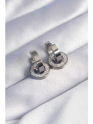 316L Çelik Gümüş Renk Zirkon Taşlı Iç Içe Geçmeli Oval Küpe - Lisinya