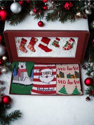 Chiristmas Socks Yılbaşı Desenli Unisex Yetişkin Çorap 3'lü Hediye Seti