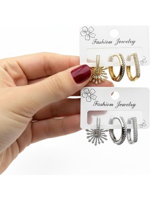 Jewerly 3 ‘lü Parıltılı Küpe Seti Gold Gümüş