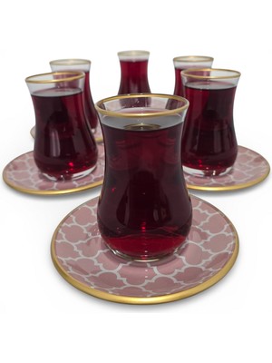 Sudedi Home Gerçek Altın Yaldızlı Pembe Desenli 6’lı Cam Çay Bardağı Seti