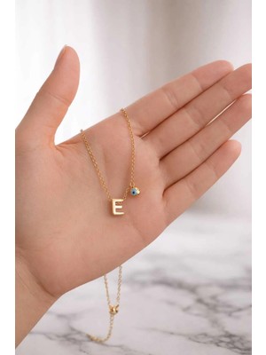 Stainless Steel Nazar Boncuklu E Harfi Gold Çelik Kolye