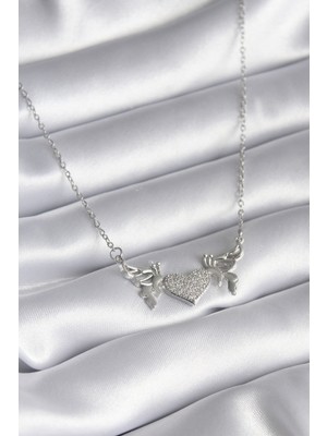 316L Çelik Gümüş Renk Zirkon Taşlı Kanat Kalp Model Kadın Kolye - Lisinya