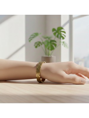 Sevil Gülgün Atelier Lüks Pul Zincir Plaka Bileklik | Gold Renk 3 Sıra Çelik Hasır Kelepçe | Italyan Model Trend Bilezik